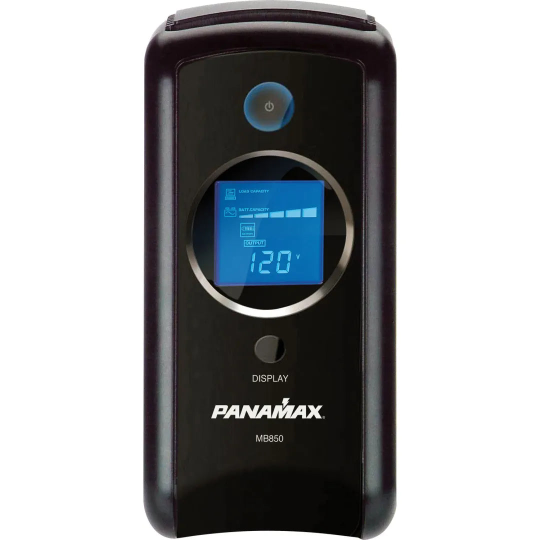 Panamax MB850 UPS 850VA Battery Backup UPS Surge Coax Protection
Black electronic device with digital display and Panamax branding on a white background
