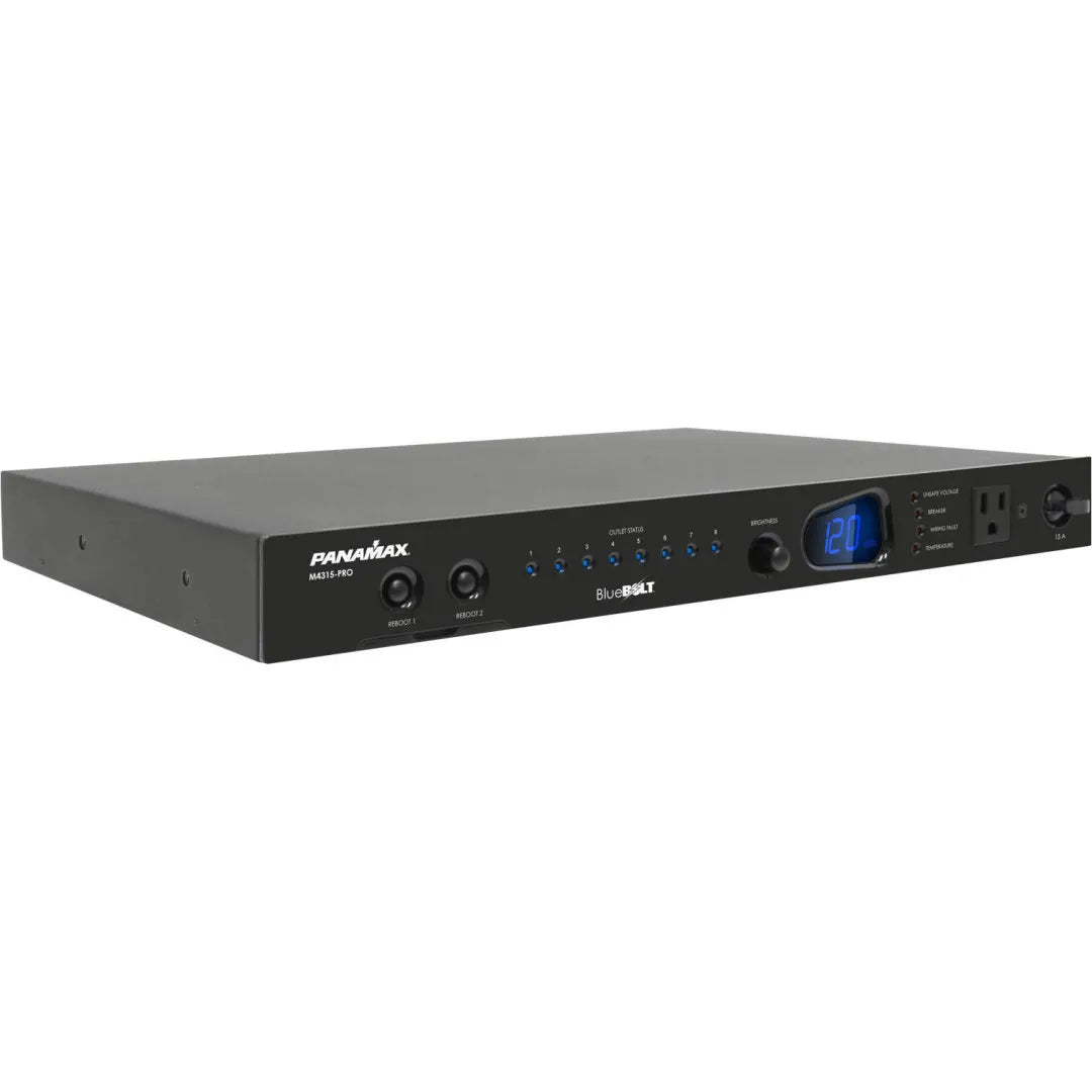 Panamax M4315-PRO 15A BlueBOLT 8 Outlet Power Conditioner UPS
Panamax power strip with multiple outlets and control buttons on a white background