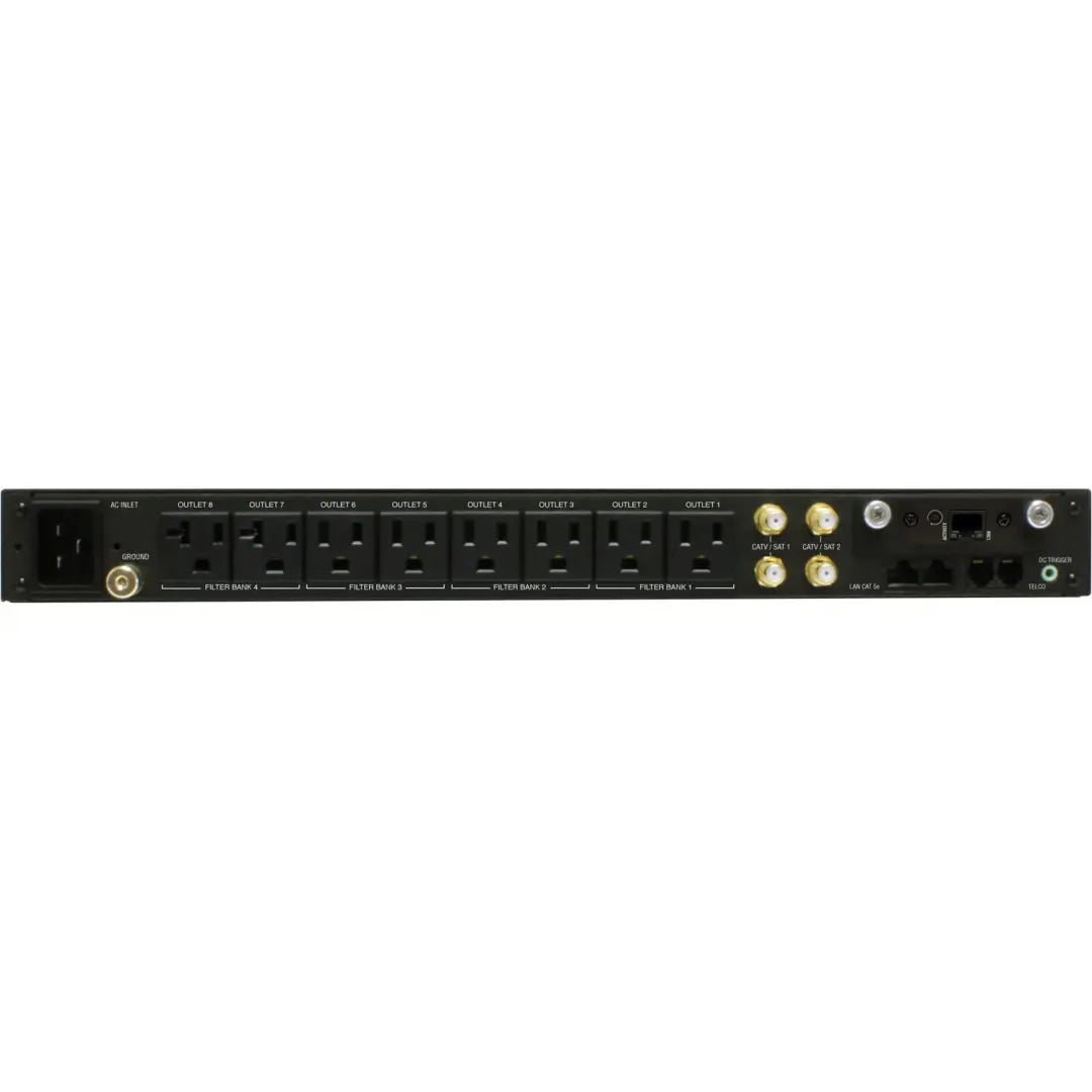 Panamax M4320-PRO 20A BlueBOLT Power Conditioner Surge Protection
Back view of a power strip with multiple outlets and connectors on a white background
