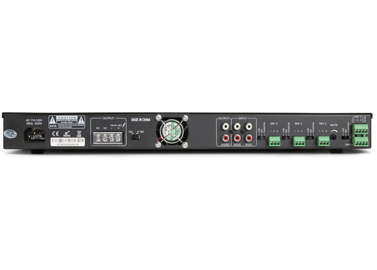 Pure Resonance Audio RMA500BT 500W Bluetooth Rack Mixer Amp
Back view of an audio amplifier on a white background