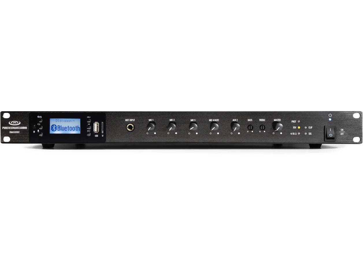 Pure Resonance Audio RMA500BT 500W Bluetooth Rack Mixer Amp
Black audio equipment with Bluetooth and USB ports on a white background