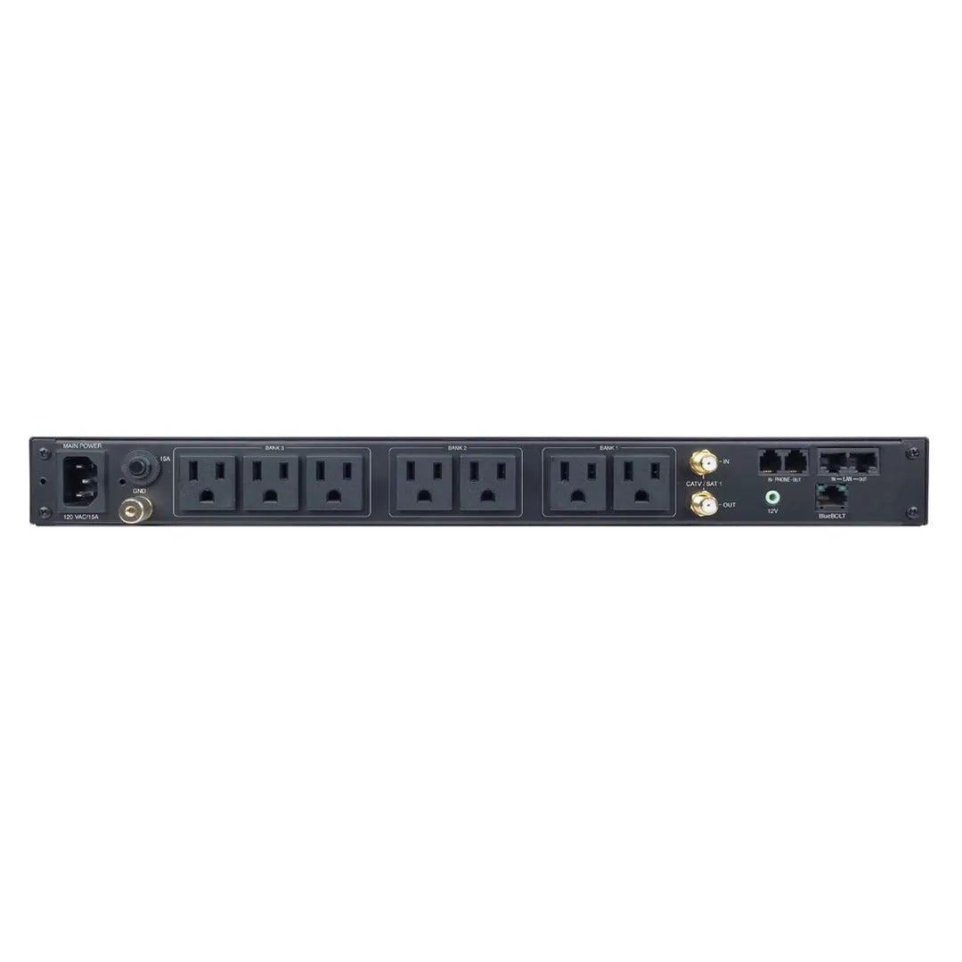 Panamax M4000-PRO 8-Outlet Power Conditioner BlueBOLT AV Systems
Back view of a power strip with multiple outlets and connectors on a white background