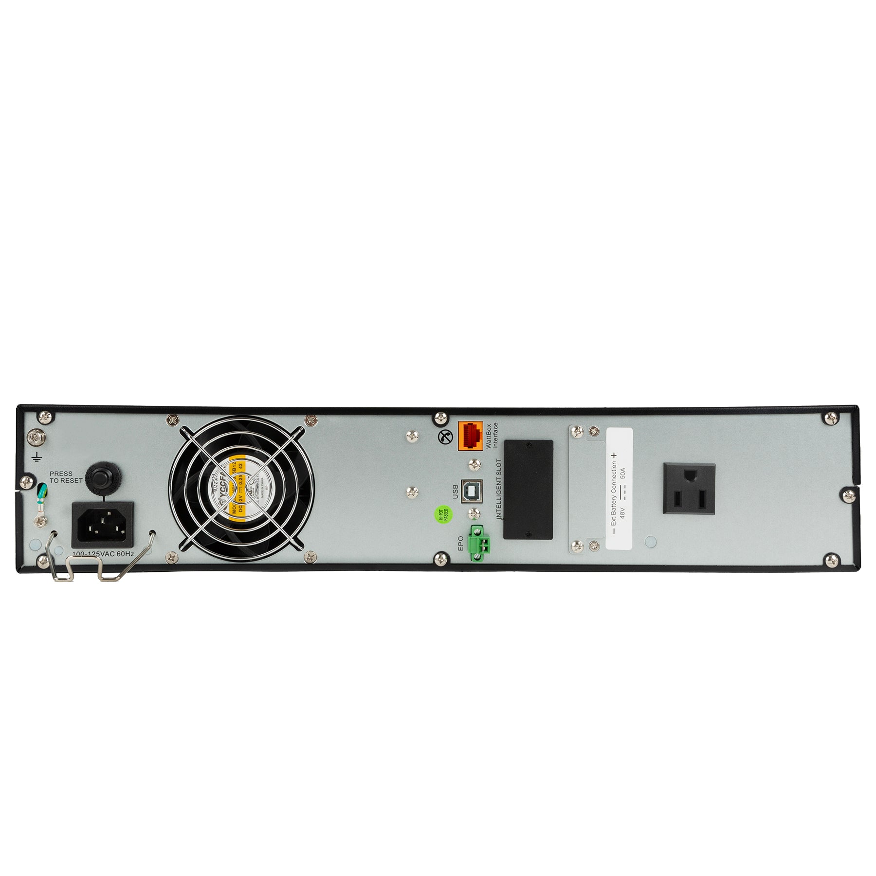 Back view of a power supply unit on a white background