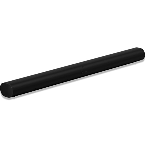 A black Sonos Arc Smart Soundbar, which is a Dolby Atmos-enabled voice control speaker.