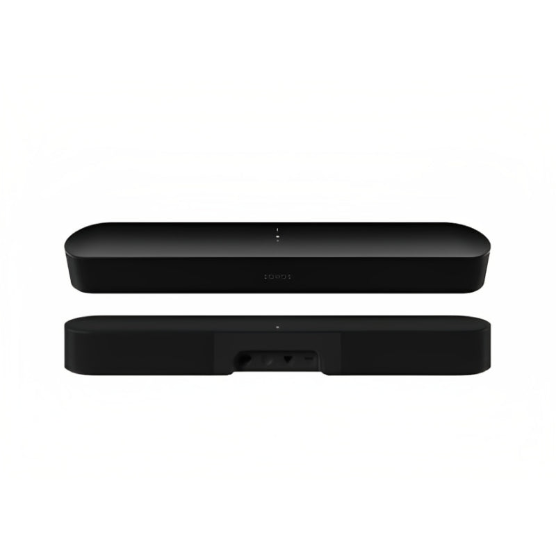 A black Sonos Beam Soundbar Gen 2, showing both the compact soundbar and the subwoofer.