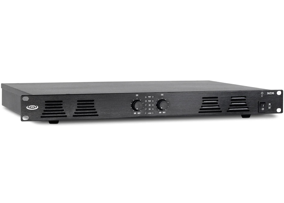 Black audio amplifier on a white background
