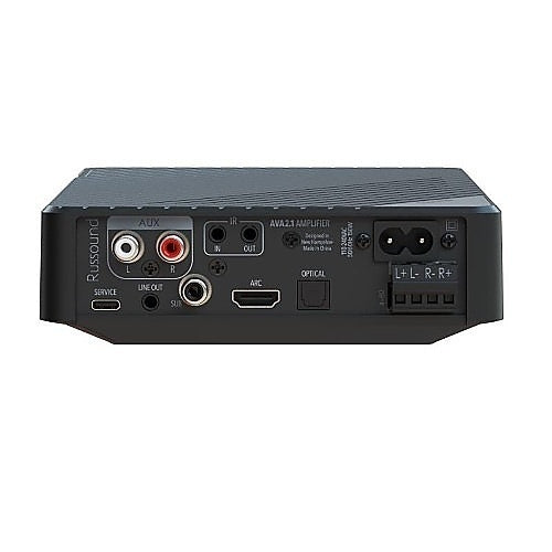 Russound AVA2.1 Mini AVR Bluetooth 2.1 Channel Class-D Amplifier
Back view of a audio amplifier with various connectivity ports on a white background