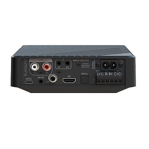 Russound AVA3.1 Mini AVR Bluetooth 3.1 Channel Class-D Amplifier
Back view of a audio amplifier with various connectivity ports on a white background
