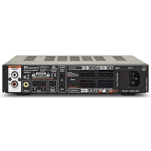Russound D250LS Amplifier 2 Channel Auto Source Switching
Back panel of a power amplifier with various connectors and labels on a white background