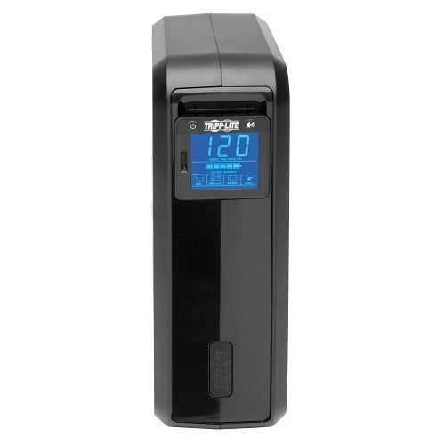 Eaton Tripp Lite SMART1000LCD Tower UPS AVR LCD 1000VA 500W
Black power strip with digital display on a white background