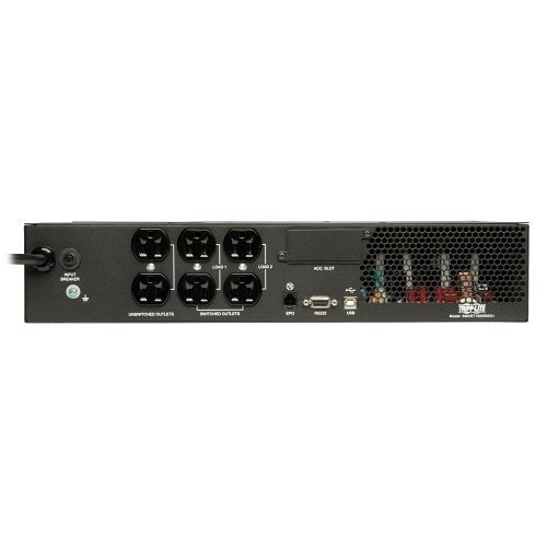 Eaton Tripp Lite SMART1000RM2U 2U Rackmount Sine Wave UPS
Back view of a power strip with multiple outlets and connectors on a white background