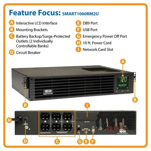 Eaton Tripp Lite SMART1000RM2U 2U Rackmount Sine Wave UPS
Power supply unit with labeled features on a white background