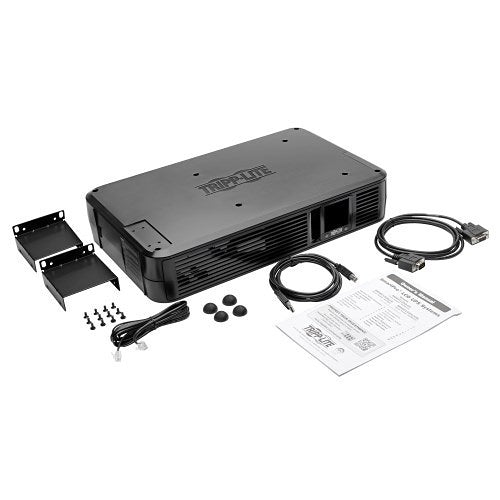 Eaton Tripp Lite SMART1200LCD 2U Rackmount UPS AVR LCD 1200VA
Black electronic device with cables and mounting brackets on a white background