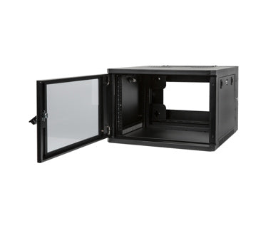 Strong SR-WMS-6U Wall Mount Rack 6U Locking Swing Out
Black network cabinet with open door on a white background
