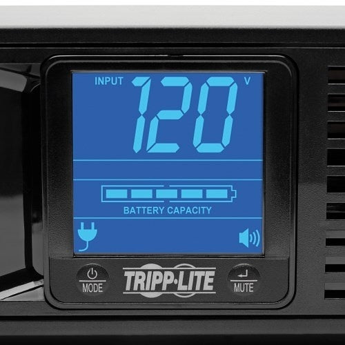Eaton Tripp Lite SMART1500LCDXL 2U Rackmount UPS AVR 1500VA 900W
Tripp Lite power monitor displaying voltage and battery capacity on a blue screen.