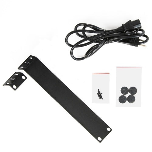 Black LED strip light kit with mounting bracket, power cable, and adhesive pads on a white background