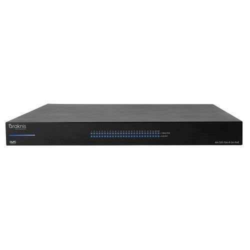 Araknis Networks AN-320-SW-R-24-POE 24-Port Gigabit PoE+ Switch
Black network switch with 'araknis' branding on a white background