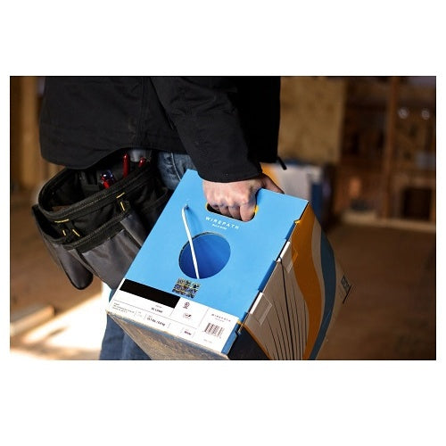 Wirepath NST-CAT6-1000-BLU Cat6 Bulk Cable 1000ft Blue Person holding a blue box with a brand logo, standing in an indoor setting.