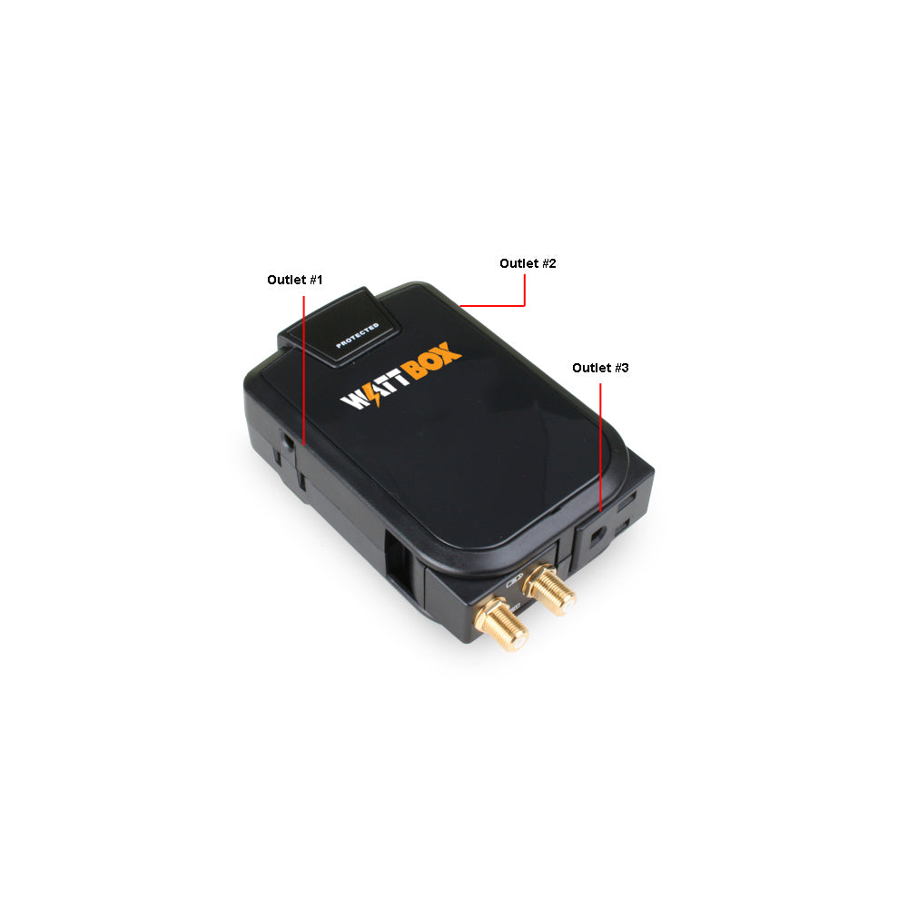 WattBox WB-200-3RWT Coax 3-Outlet Rotating Surge Protector Wall Tap
Black Watt Box with labeled outlets on a white background