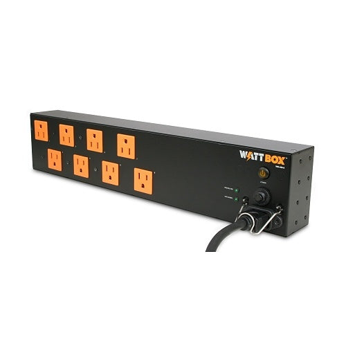 WattBox WB-400-8 8 Outlets Power Conditioner with Surge Protection
Black power strip with orange outlets and 'Watt Box' branding on a white background