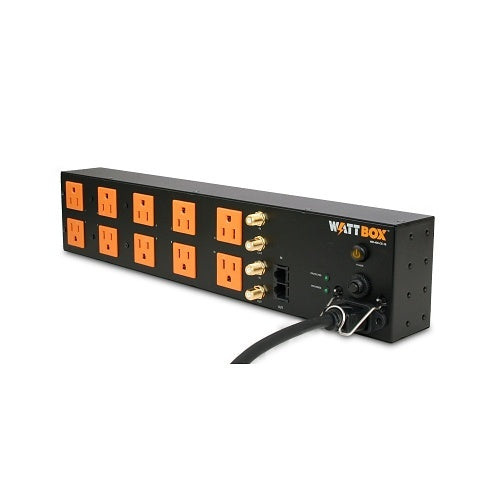 WattBox WB-400-CE-10 10-Outlet Power Conditioner with Coax Ethernet Protection
Black power strip with orange outlets and gold plugs on a white background